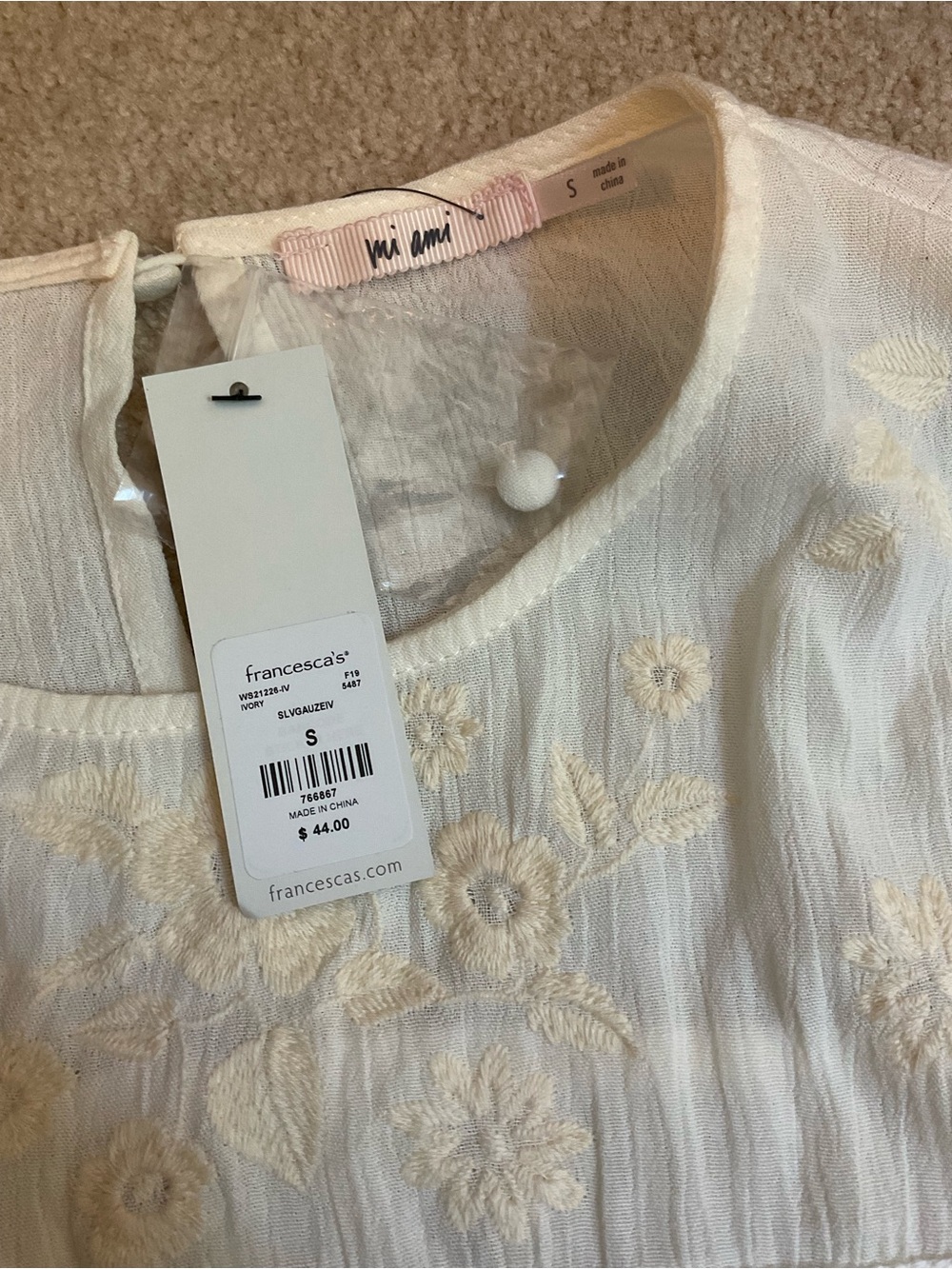 Francesca's Collections Cream Embroidered Peasant Top - Picture 2 of 6